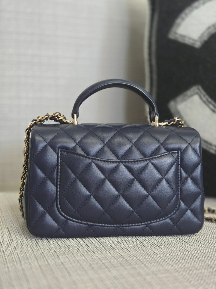 Chanel Navy Lambskin Mini Rectangular Flap Bag with Champagne GHW and Top Handle