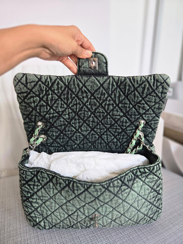 CHANEL Green Denimpression SHW size Jumbo Single Flap Bag