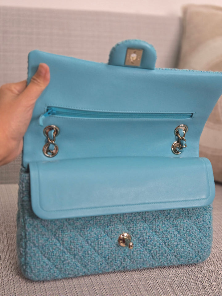 Chanel 22B 2022 Fall/Winter Collection Turquoise Blue Tweed Medium ML Timeless Classic Double Flap Bag with Champagne GHW