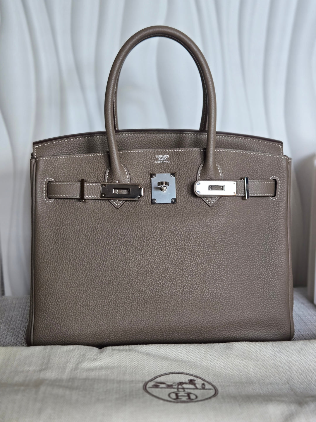 Hermes Etoupe Taupe Togo Leather PHW Birkin 30 Stamp C 2018