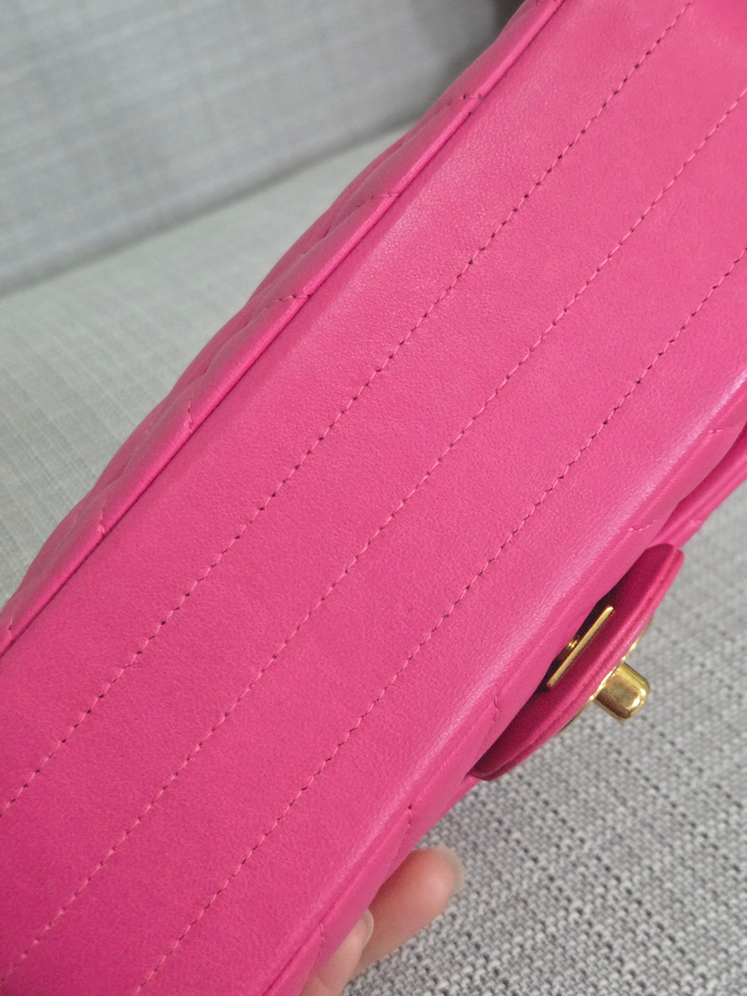 Chanel series 21 Barbie Pink Lambskin Chevron Mini Rectangular Flap Bag with Yellow GHW