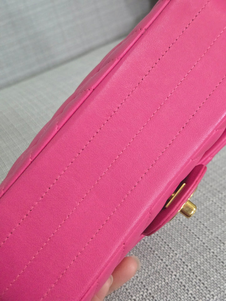 Chanel series 21 Barbie Pink Lambskin Chevron Mini Rectangular Flap Bag with Yellow GHW