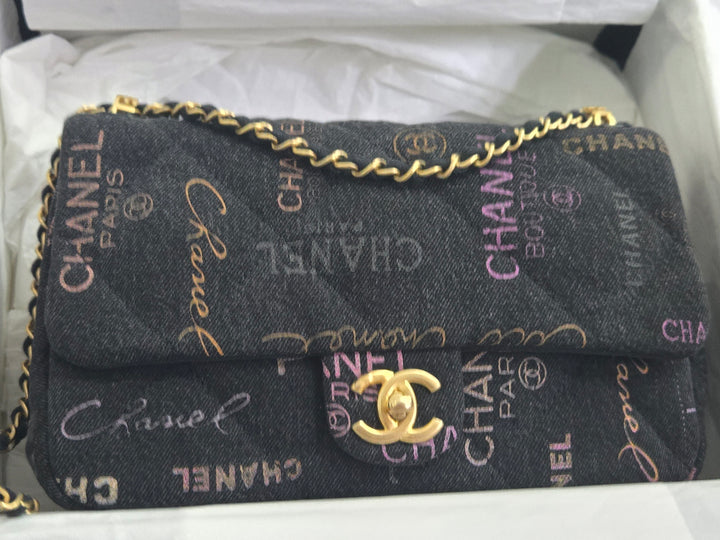 Chanel 22P collection Black Denim Mood Flap Bag with Aged GHW size Medium (25 cms)
