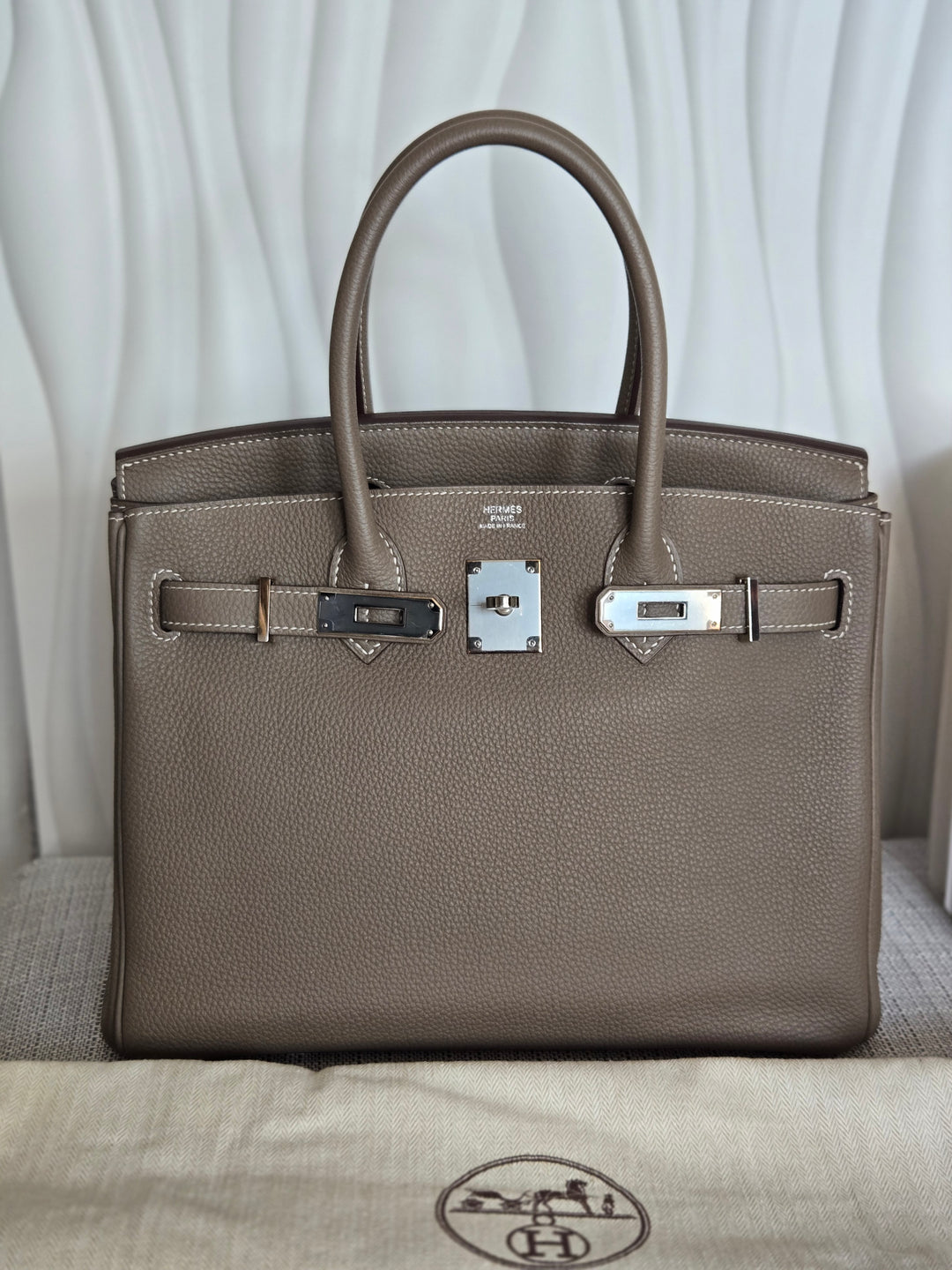 Hermes Etoupe Taupe Togo Leather PHW Birkin 30 Stamp C 2018