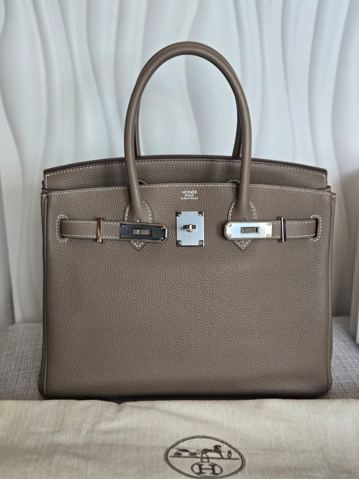 Hermes Etoupe Taupe Togo Leather PHW Birkin 30 Stamp C 2018