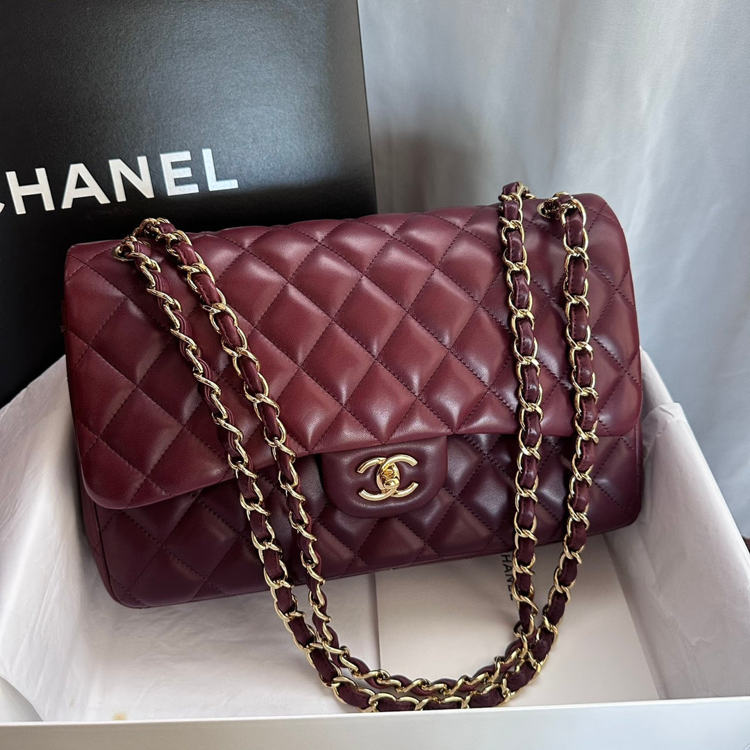 CHANEL series 16 Burgundy Lambskin LGHW Jumbo Timeless Classic Double Flap Bag 2012