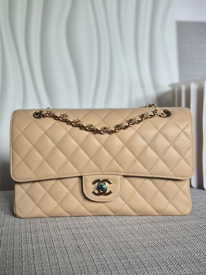 CHANEL series 15 2011/2012 Beige Clair Caviar GHW Medium ML Timeless Classic Double Flap Bag