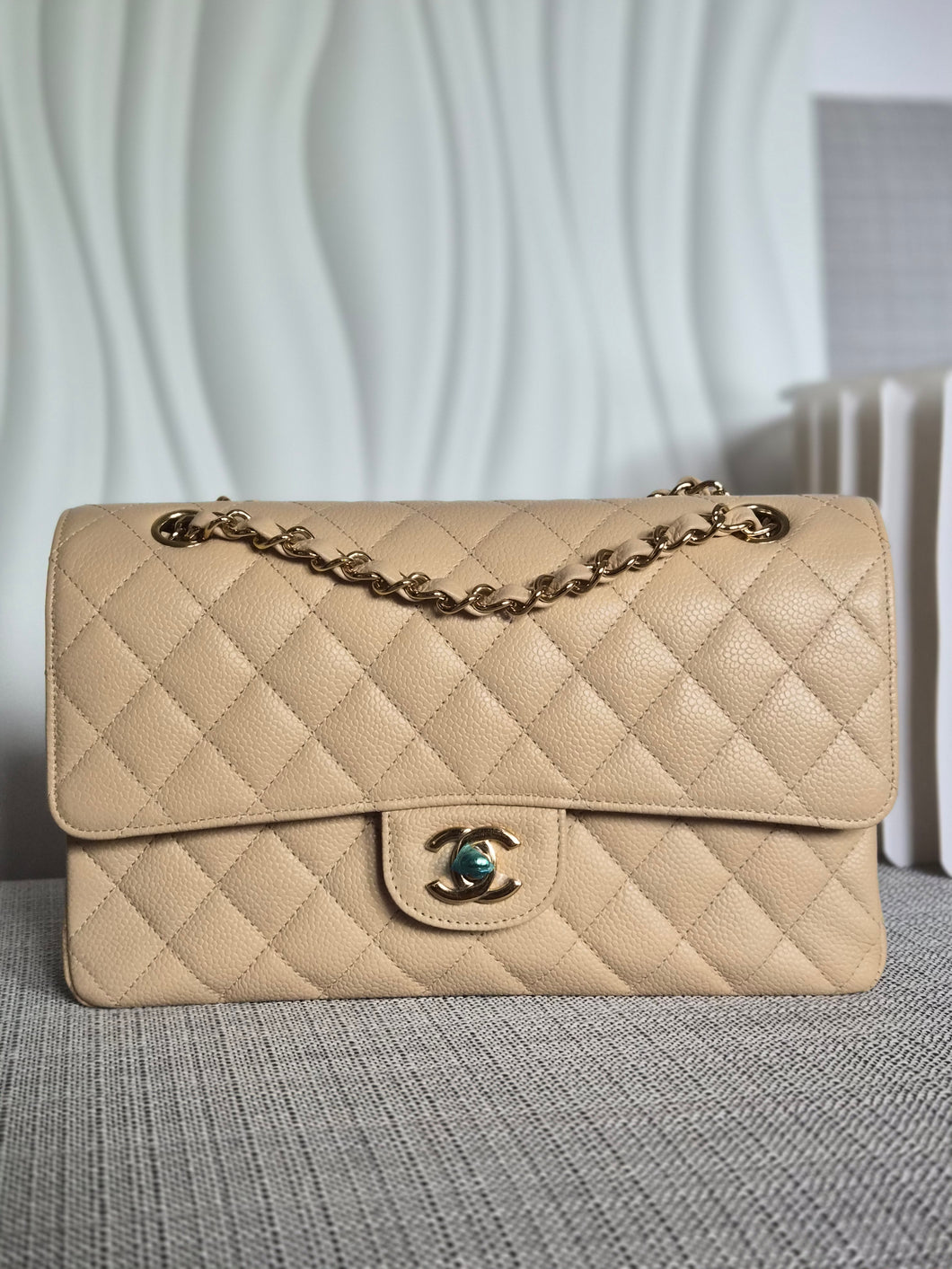 CHANEL series 15 2011/2012 Beige Clair Caviar GHW Medium ML Timeless Classic Double Flap Bag