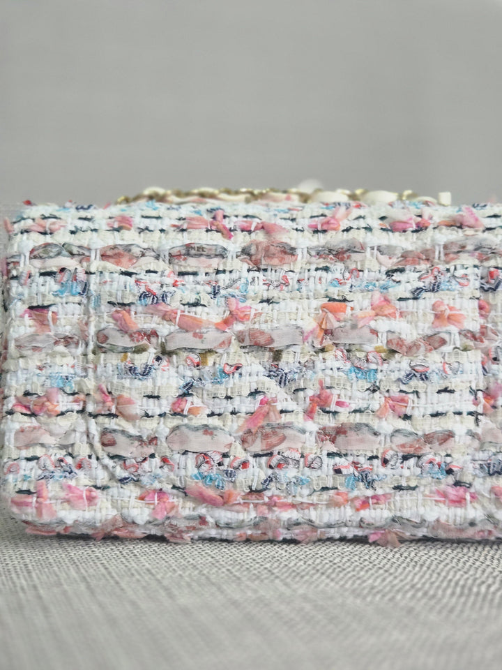 Chanel 23C 2022/2023 Cruise Collection Tweed Quilted Mini Rectangular Flap Bag in Ecru, Pink, Blue, and Green with Champagne GHW