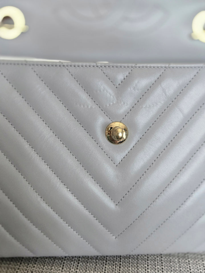 Chanel series 25 Grey Lambskin Chevron Trendy CC Top Handle Flap Bag Size Small with Champagne GHW and Detachable Shoulder strap