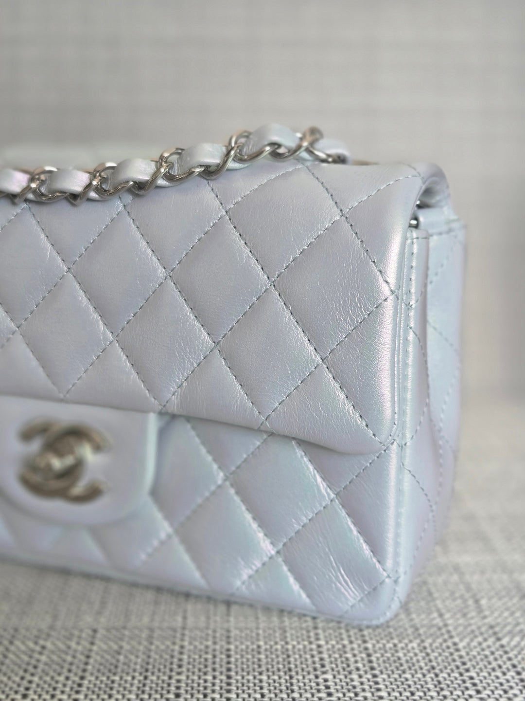 Chanel 21K collection 2021 Iridescent Light Blue Calf skin SHW Mini Rectangular Flap Bag