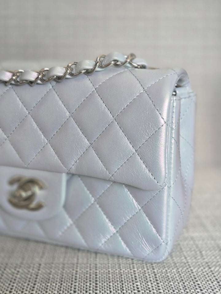 Chanel 21K collection 2021 Iridescent Light Blue Calf skin SHW Mini Rectangular Flap Bag