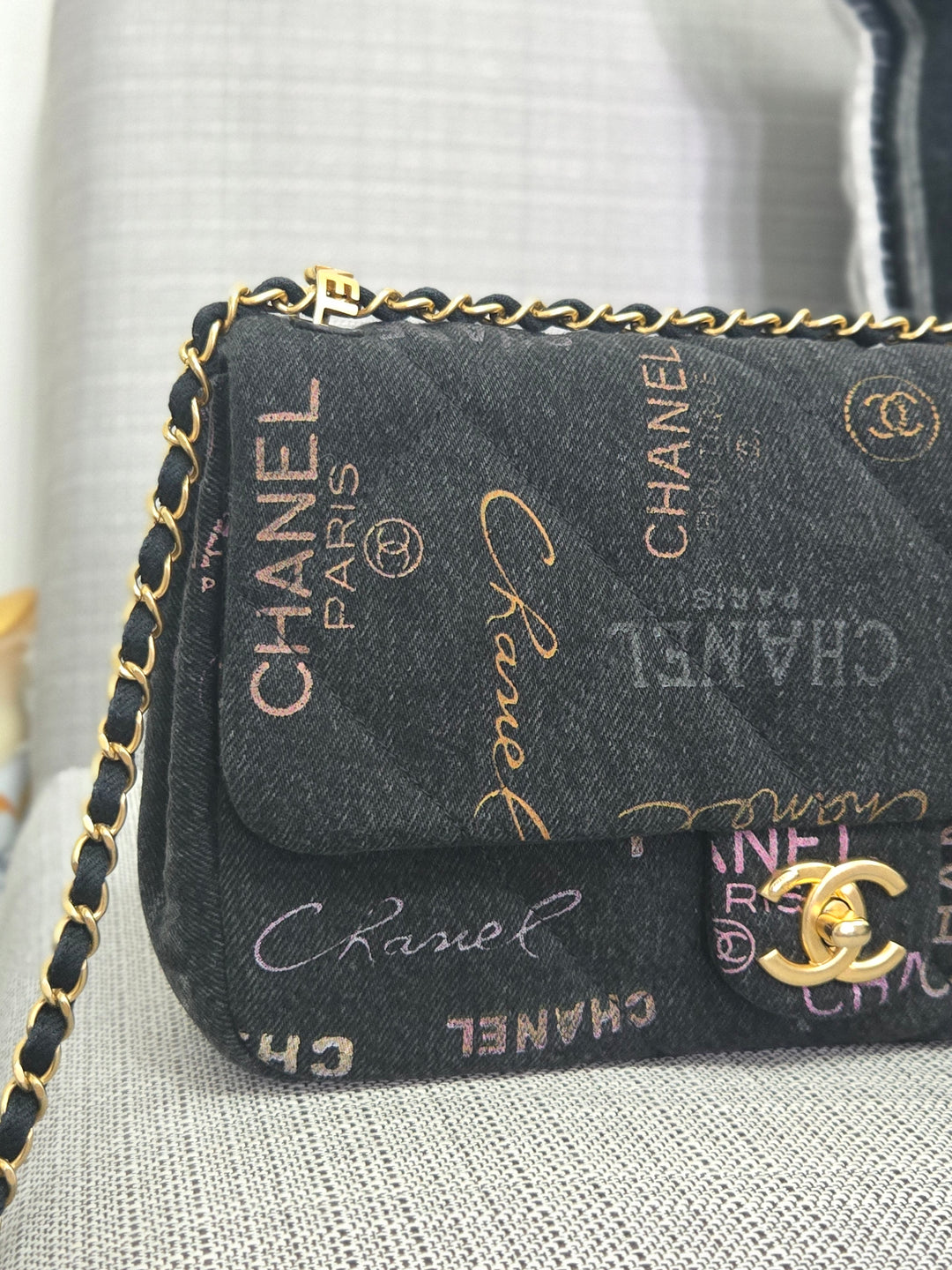 Chanel 22P collection Black Denim Mood Flap Bag with Aged GHW size Medium (25 cms)