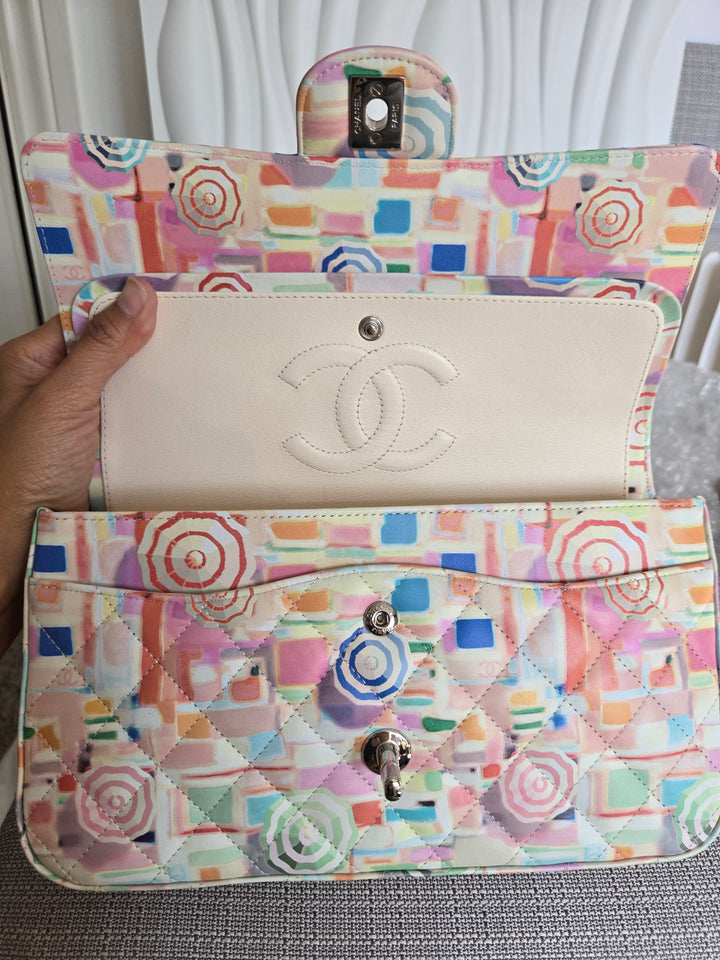 CHANEL Multi Color Rainbow Umbrella print calf skin SHW Medium Classic Double Flap Bag