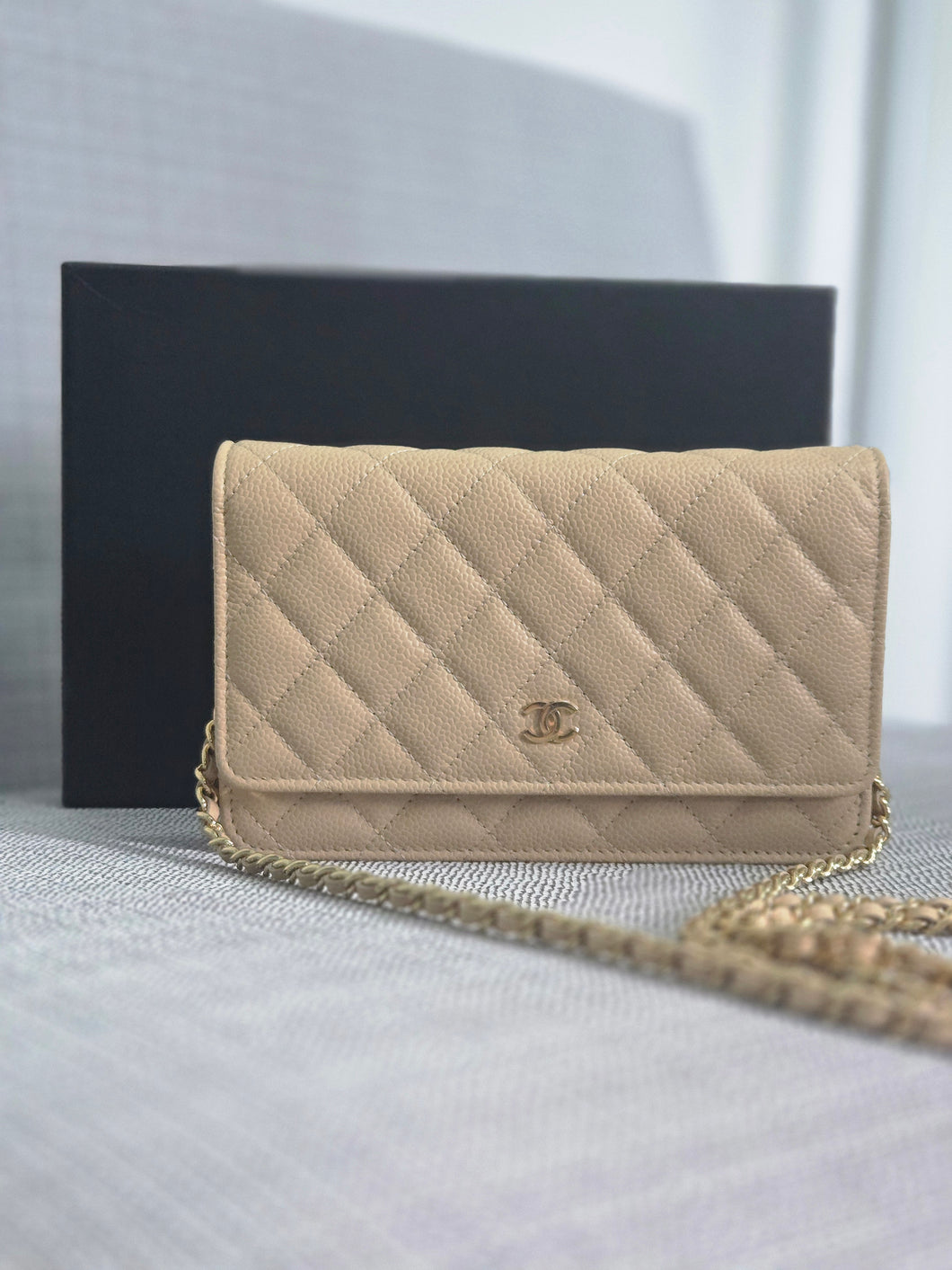 Chanel Beige Clair Caviar GHW Classic Wallet on Chain (WOC)