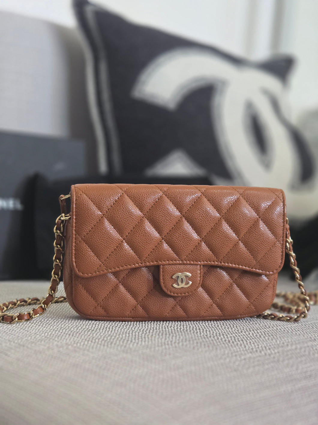 Chanel 2023 Caramel Brown Caviar Champagne GHW New Style Wallet on chain (WOC)