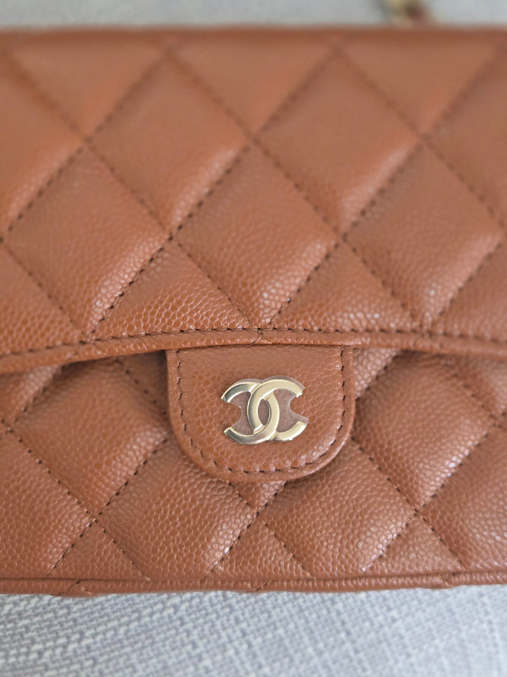 Chanel 2023 Caramel Brown Caviar Champagne GHW New Style Wallet on chain (WOC)