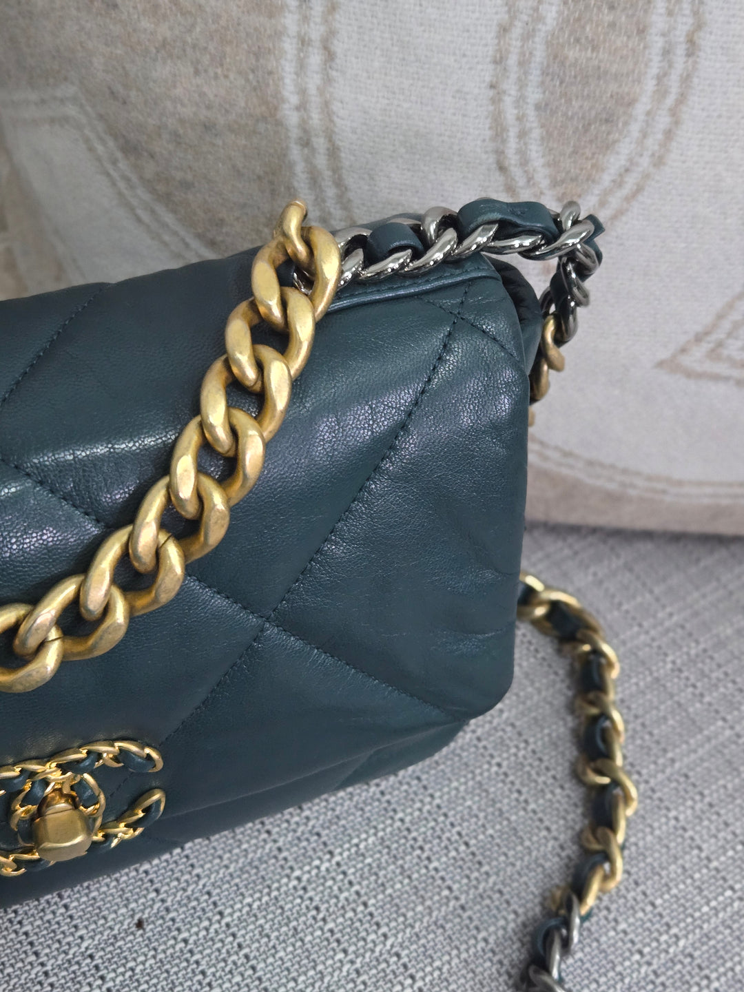 Chanel 19 size Small 26 cms series  Fall/Winter Collection Dark Green/Teal Goatskin Mixed hardware flap bag