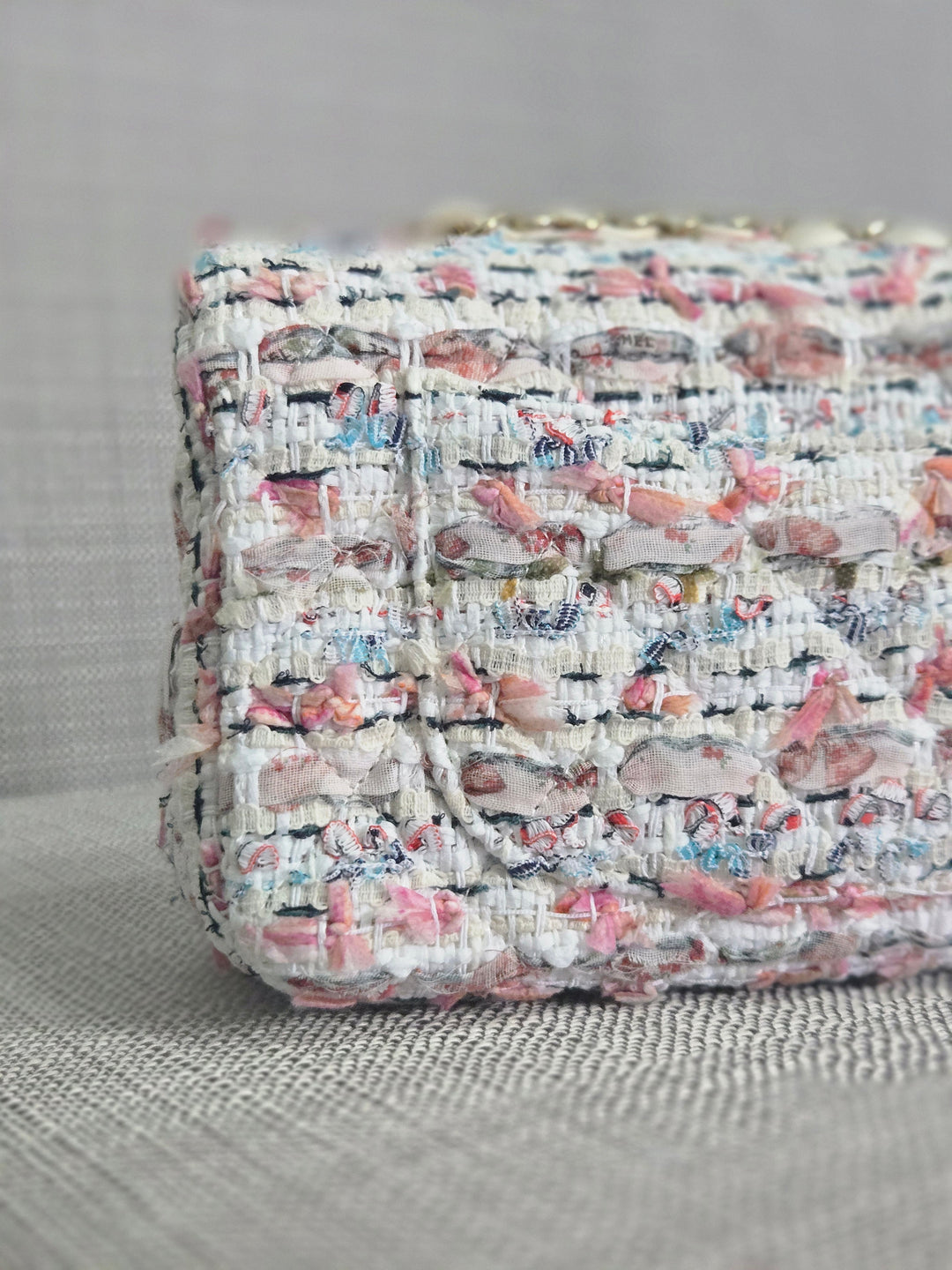 Chanel 23C 2022/2023 Cruise Collection Tweed Quilted Mini Rectangular Flap Bag in Ecru, Pink, Blue, and Green with Champagne GHW