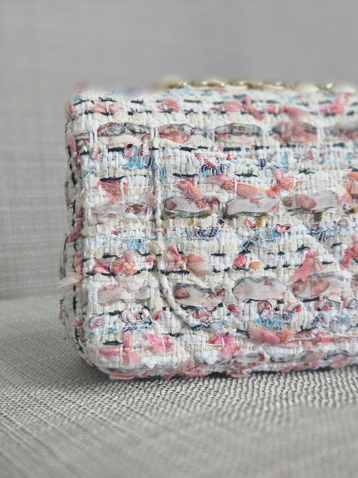 Chanel 23C 2022/2023 Cruise Collection Tweed Quilted Mini Rectangular Flap Bag in Ecru, Pink, Blue, and Green with Champagne GHW