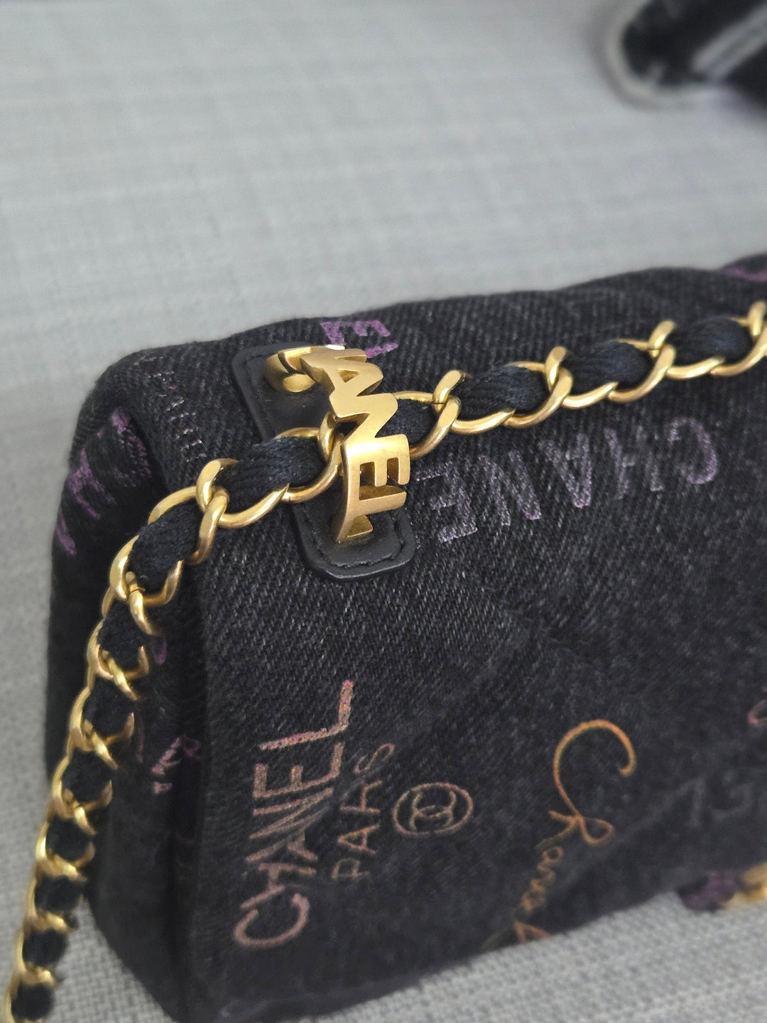 Chanel 22P collection Black Denim Mood Flap Bag with Aged GHW size Medium (25 cms)