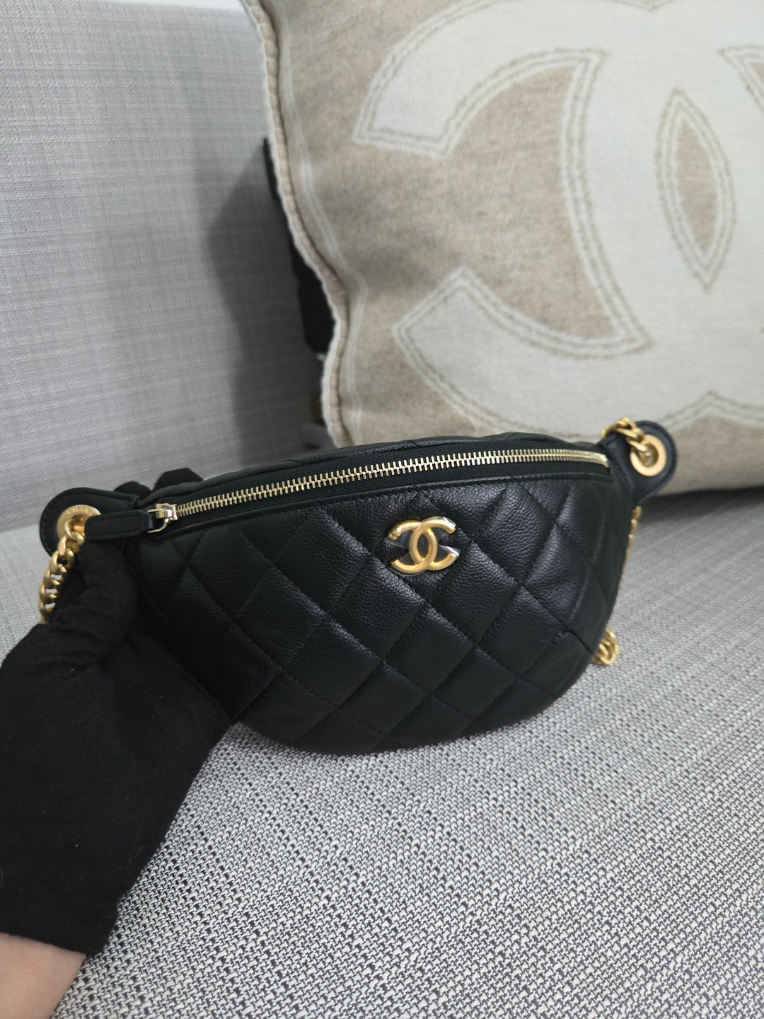 Chanel 24B 2024 Fall/Winter Black Caviar GHW Sweetheart Adjustable chain Waist Bag/Fanny Bag/Bum Bag