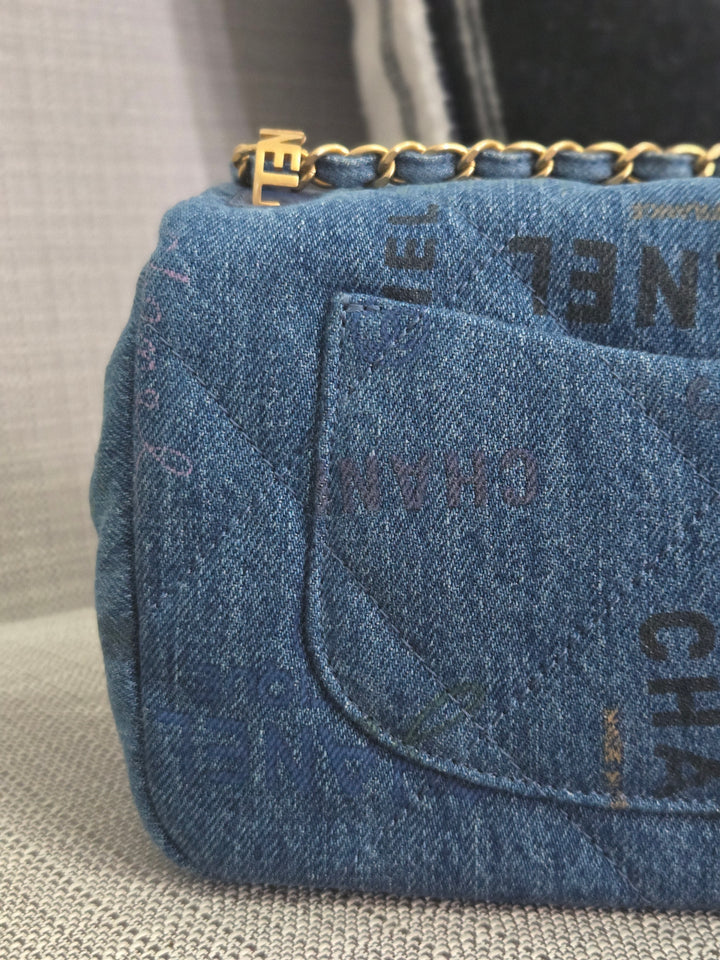 Chanel 22P Blue Denim Mood Flap Bag size Small with aged GHW