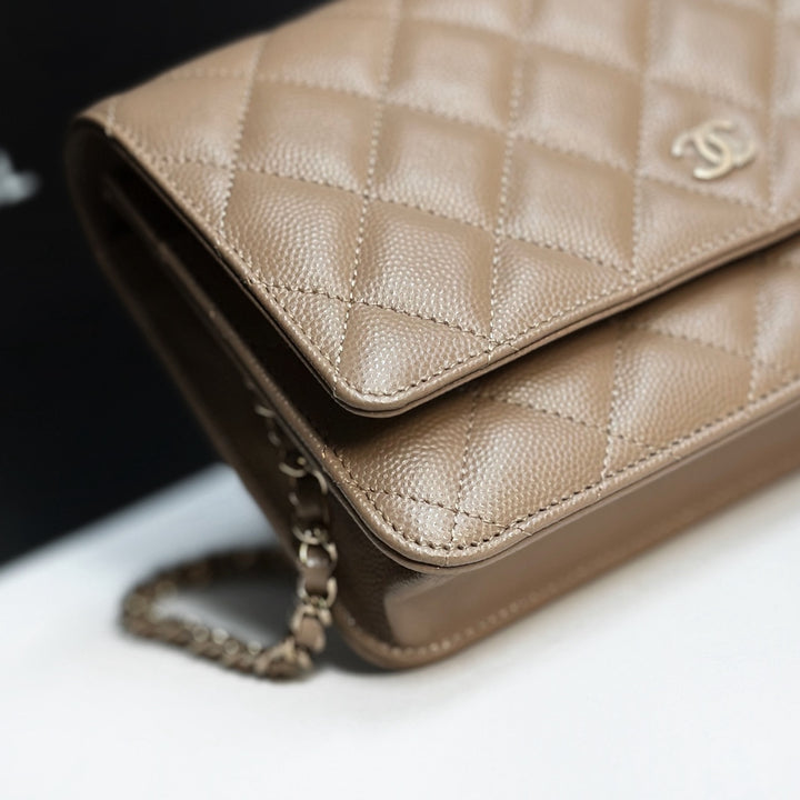 CHANEL 22A collection 2022 Dark Beige Caviar LGHW Classic Wallet On Chain (WOC)