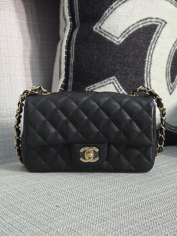 Chanel series 26 18B Collection Black Caviar Classic Mini Rectangular Flap Bag with champagne GHW