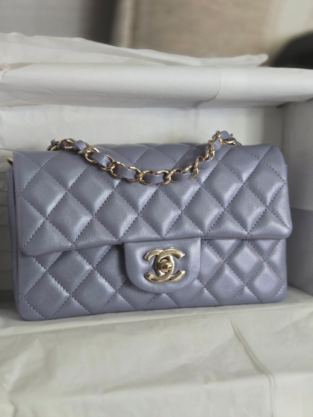 Chanel 22B Iridescent Light purple lambskin champagne GHW Mini Rectangular Flap Bag