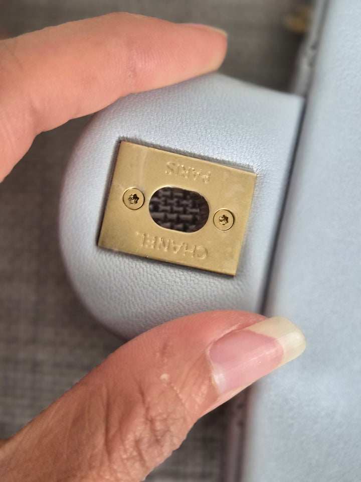 CHANEL Pearl Twist Pearly Silver Light Blue Lambskin Mini Flap Bag