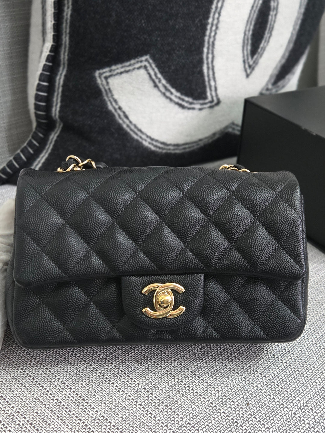 Chanel series 26 18B Collection Black Caviar Classic Mini Rectangular Flap Bag with champagne GHW