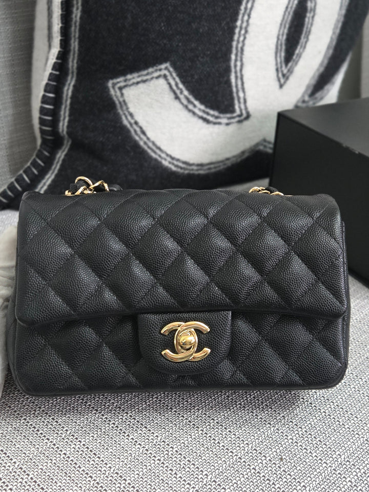 Chanel series 26 18B Collection Black Caviar Classic Mini Rectangular Flap Bag with champagne GHW