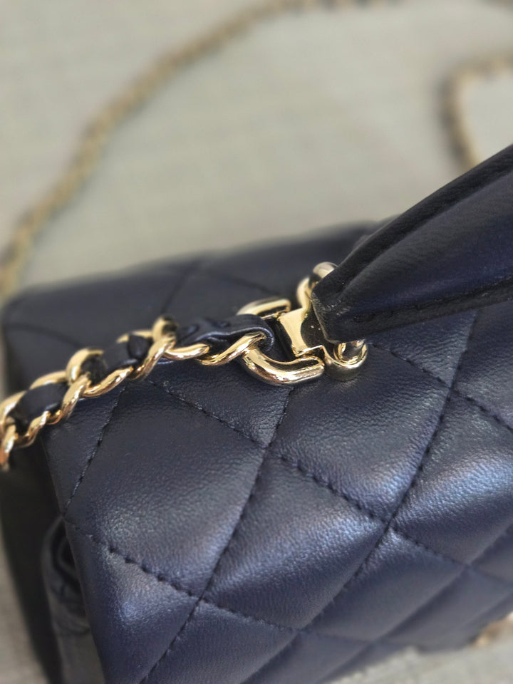 Chanel Navy Lambskin Mini Rectangular Flap Bag with Champagne GHW and Top Handle