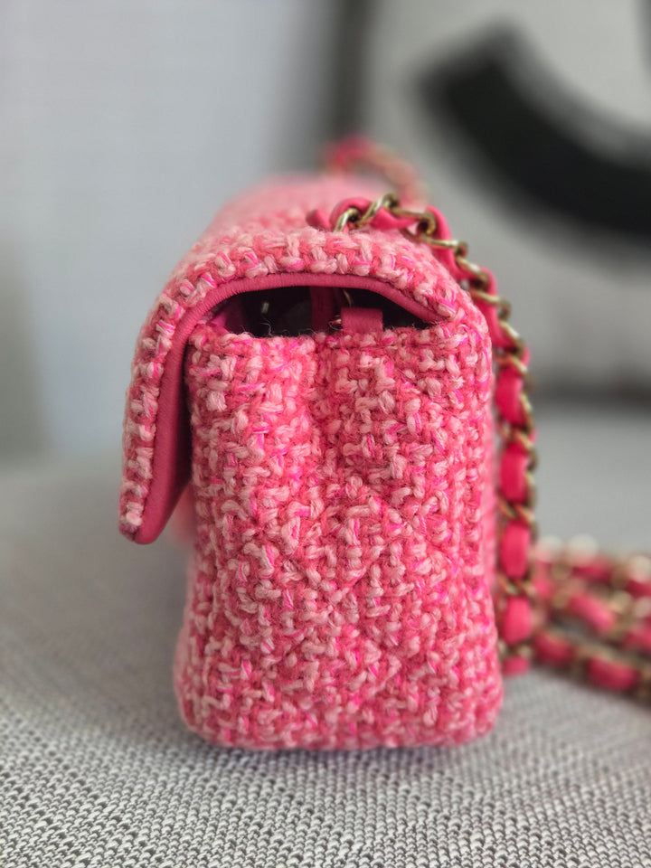 Chanel 22B 2022 Fall/Winter Fuchsia/Light Pink/Dark Pink Tweed Mini Rectangular Flap Bag with Champagne GHW