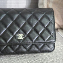 Load image into Gallery viewer, Chanel Black Caviar Classic Wallet on chain (WOC) with silver hardware
