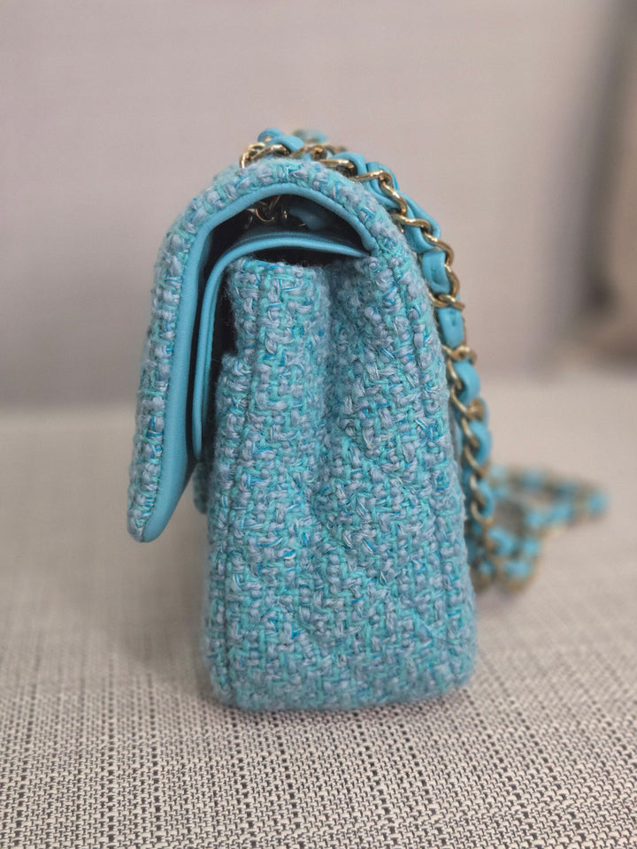 Chanel 22B 2022 Fall/Winter Collection Turquoise Blue Tweed Medium ML Timeless Classic Double Flap Bag with Champagne GHW