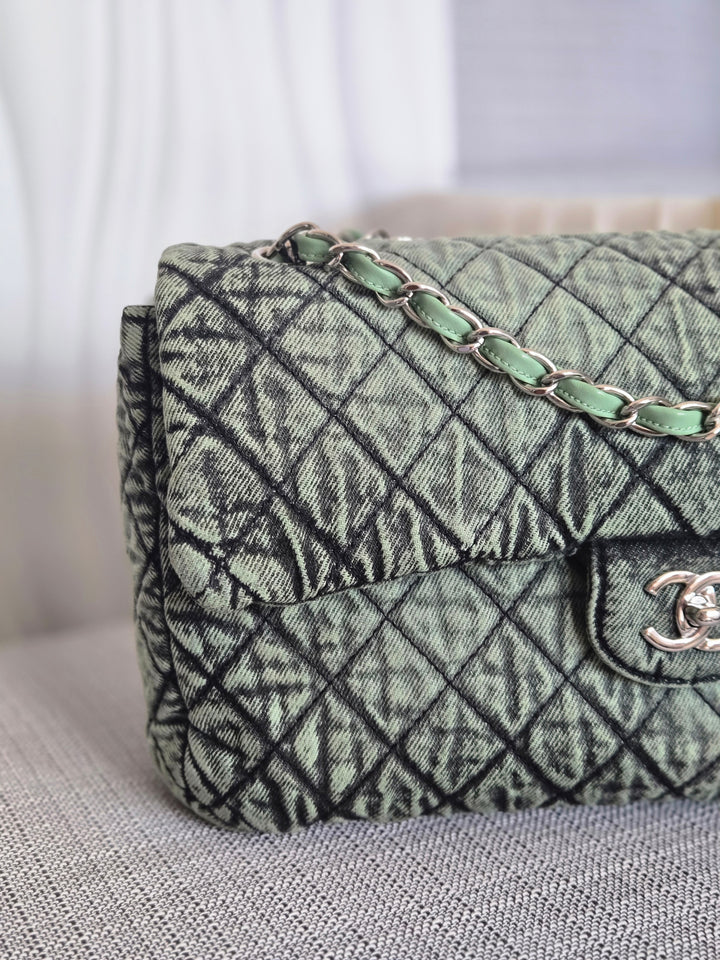 CHANEL Green Denimpression SHW size Jumbo Single Flap Bag