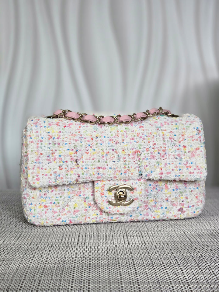 Chanel 25C 2025 Cruise Collection Multi-colored Tweed Champagne GHW Mini rectangular flap bag