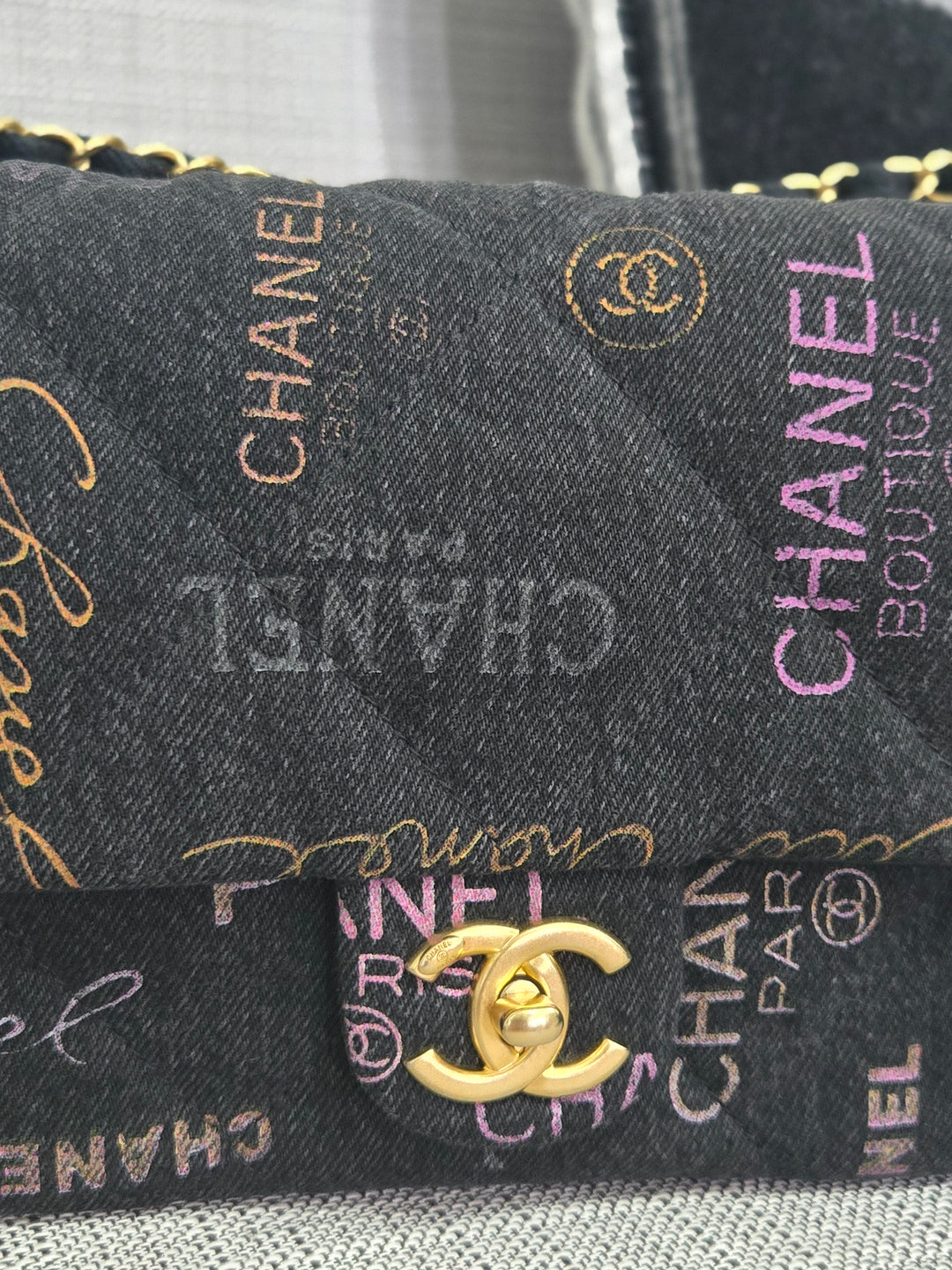 Chanel 22P collection Black Denim Mood Flap Bag with Aged GHW size Medium (25 cms)