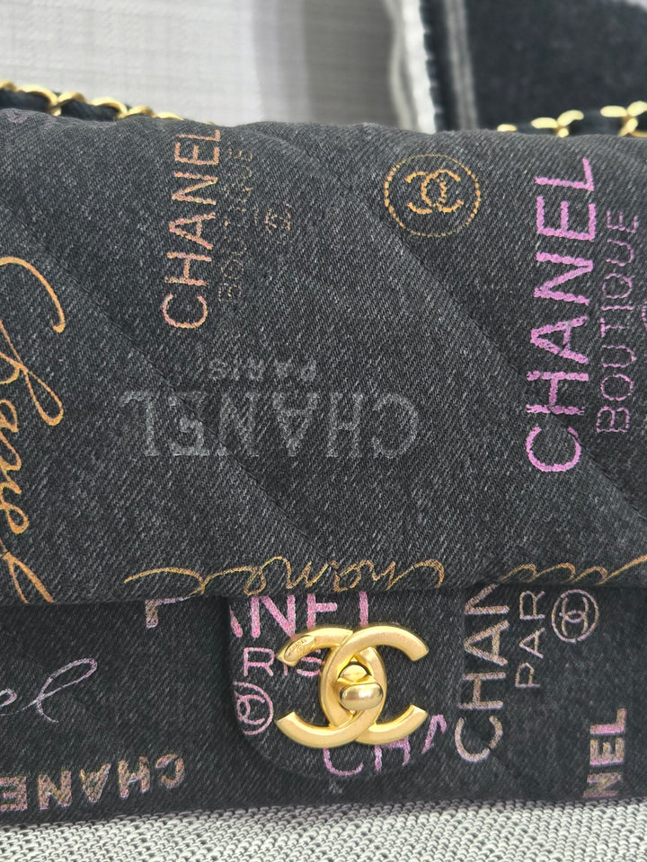 Chanel 22P collection Black Denim Mood Flap Bag with Aged GHW size Medium (25 cms)