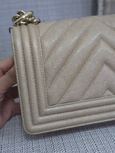 Load image into Gallery viewer, Chanel series 26 18A 2018 Fall/Winter Collection Iridescent Light Beige Chevron Caviar Le Boy Flap Bag size Small with Shiny GHW
