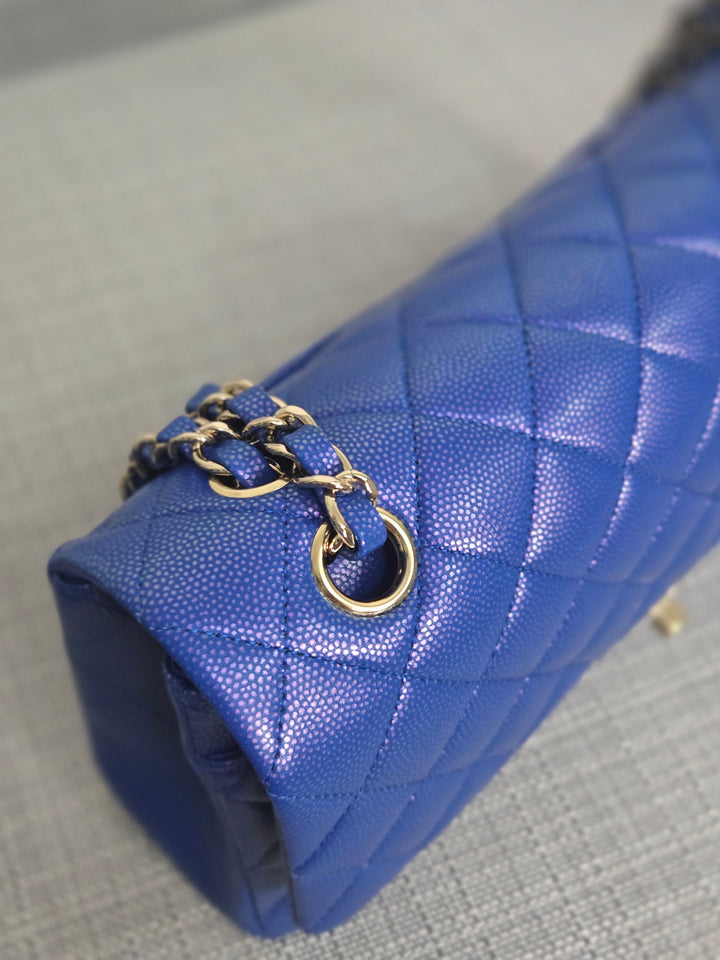 Chanel series 31 Iridescent Cobalt Blue Caviar Medium ML Timeless Classic Double Flap Bag with Champagne GHW