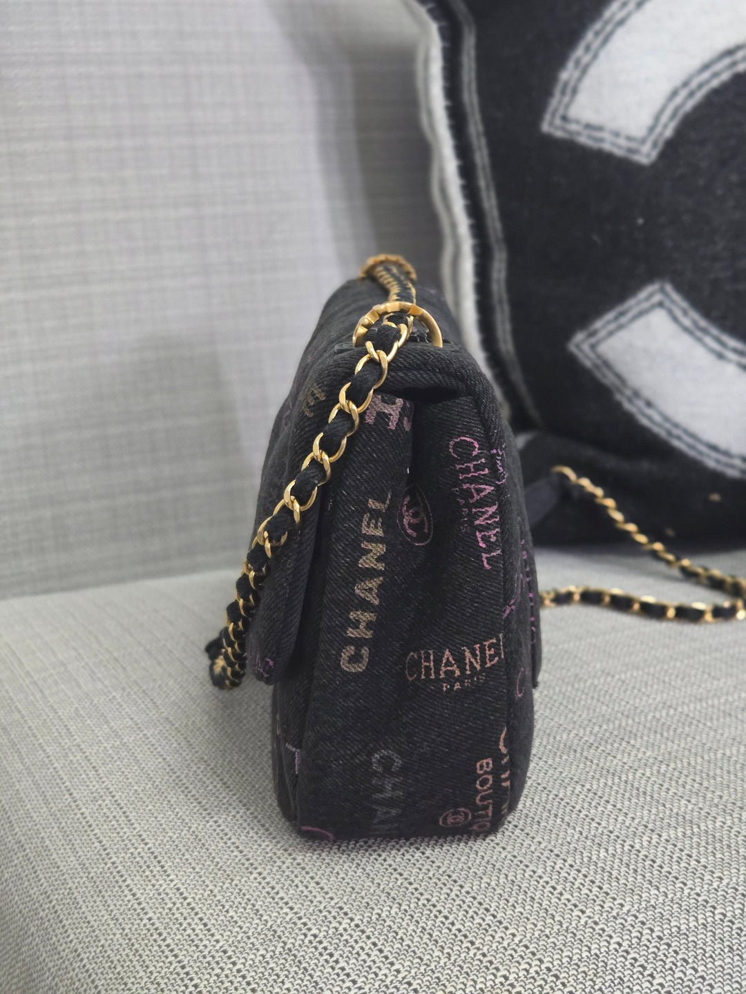 Chanel 22P collection Black Denim Mood Flap Bag with Aged GHW size Medium (25 cms)