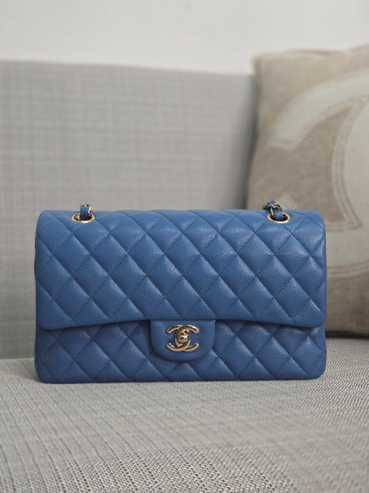 Chanel Series 30 Blue Caviar Medium Timeless Classic Double Flap Bag with Champagne GHW