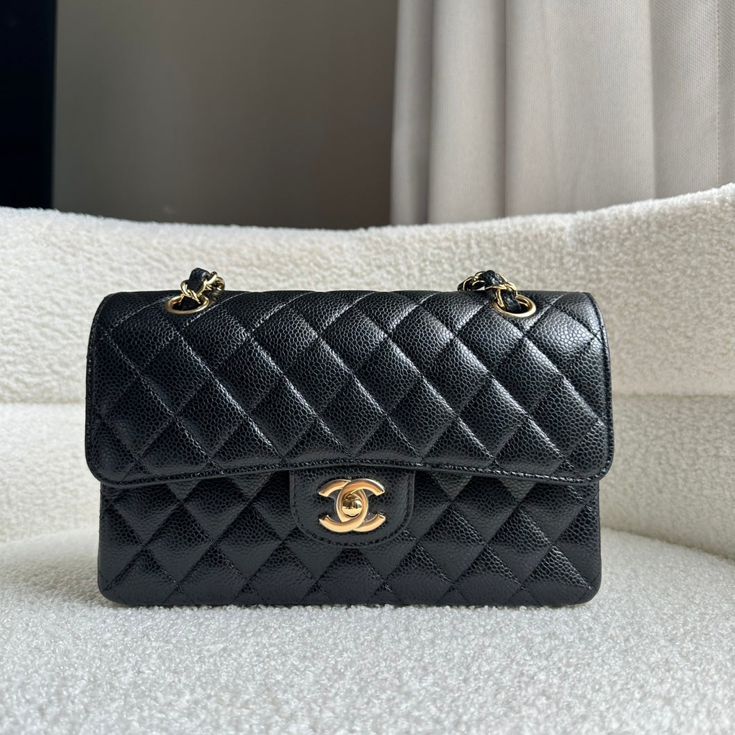 CHANEL Black Caviar GHW Small Timeless Classic Double Flap Bag Microchipped