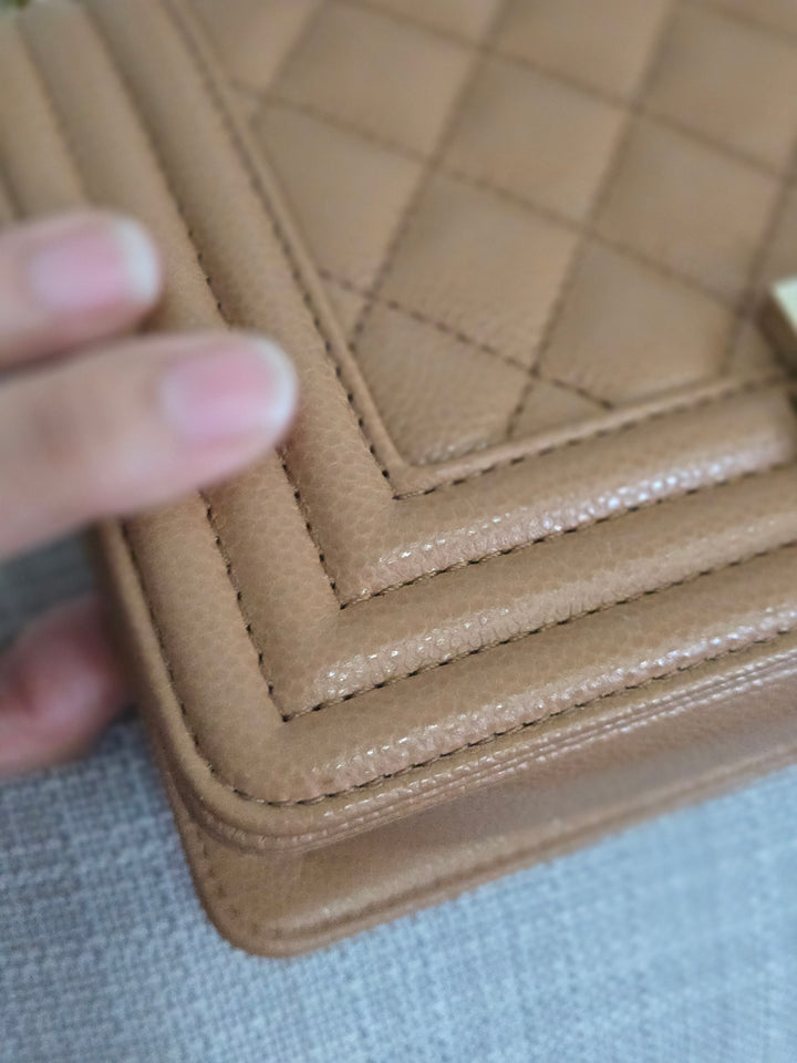 Chanel 21K 2021 Fall/Winter Collection Caramel Brown Caviar shiny champagne GHW Small Le Boy Flap Bag
