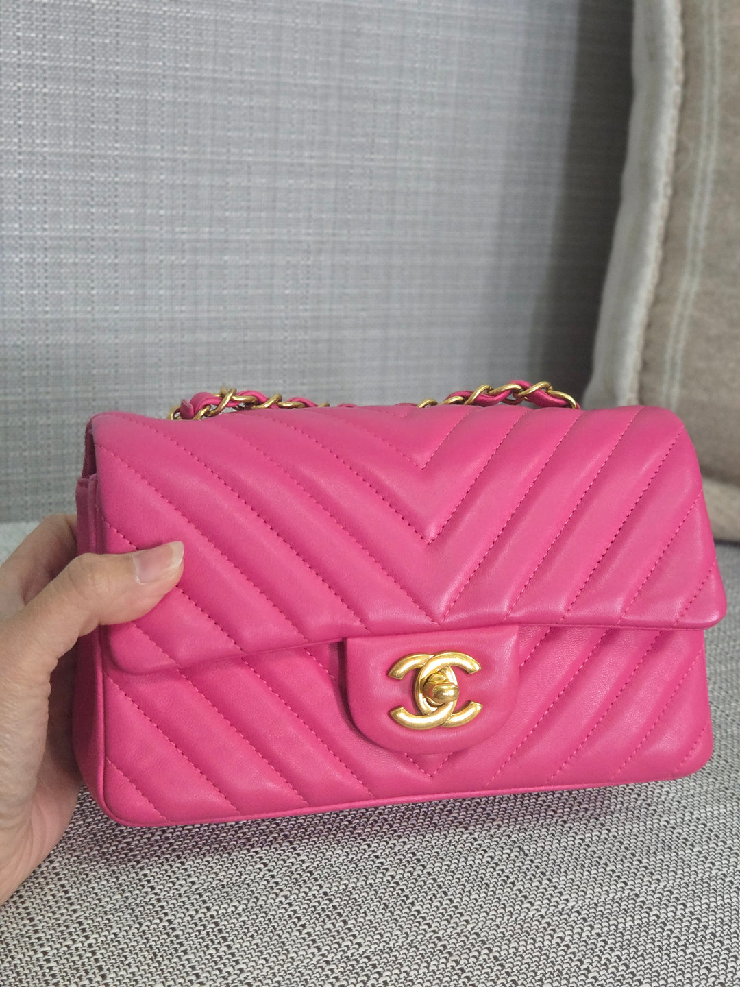 Chanel series 21 Barbie Pink Lambskin Chevron Mini Rectangular Flap Bag with Yellow GHW