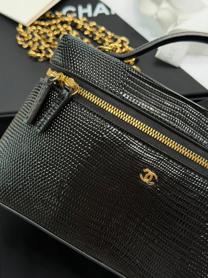CHANEL 26A Lizard Embossed Black Calf Skin LGHW LP Long Vanity Small 19 cms 2026