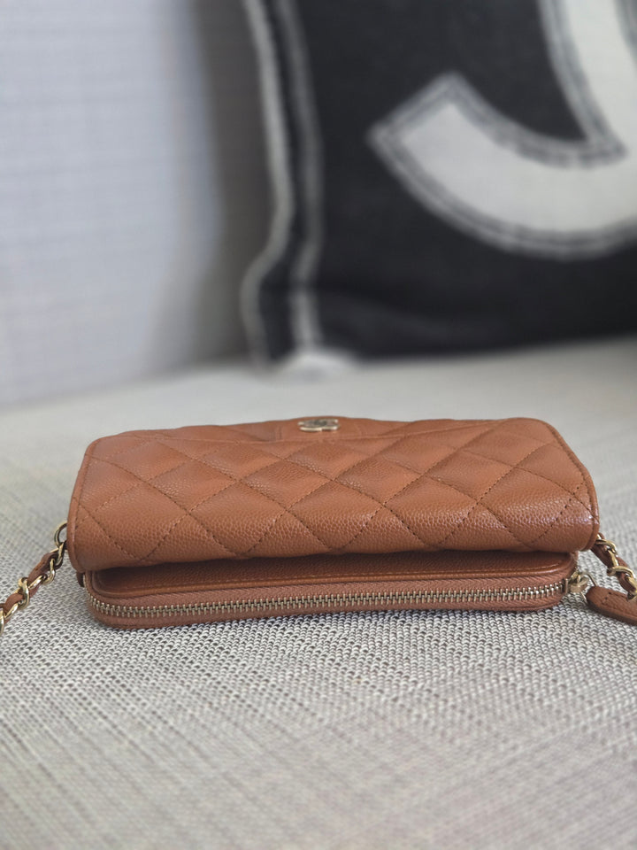 Chanel 2023 Caramel Brown Caviar Champagne GHW New Style Wallet on chain (WOC)